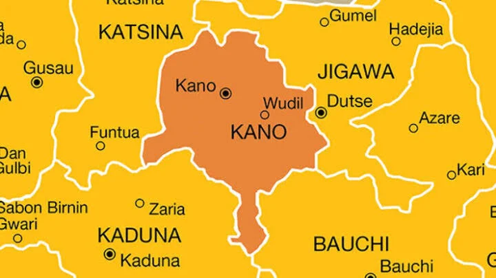 Kano State Police Command officers displaying seized illegal arms and ammunition.