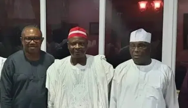 Peter Obi, Atiku Abubakar, and Rabiu Kwankwaso at a political event.